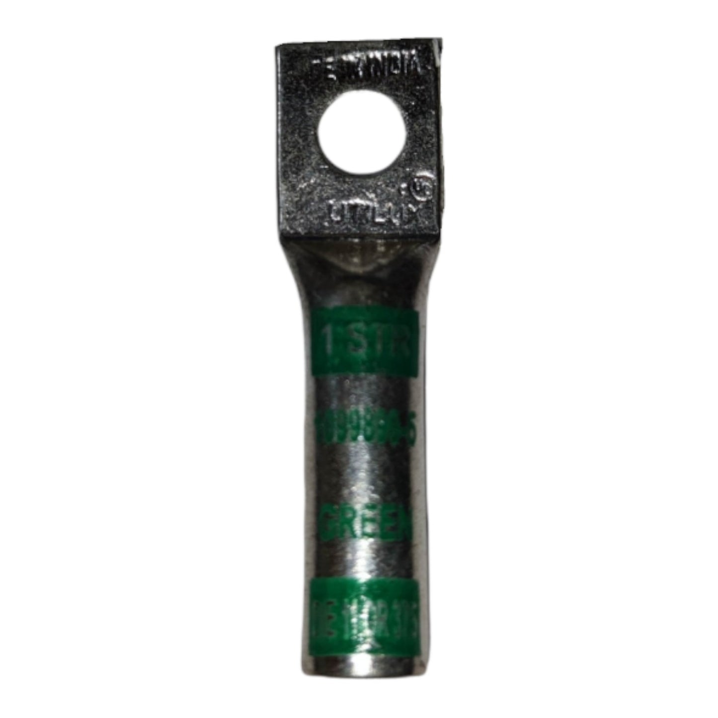 Metal terminal with green insulation on a white background