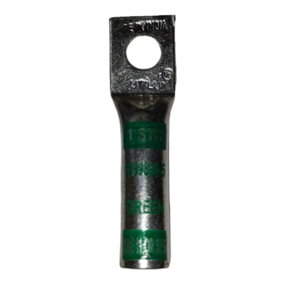 Metal terminal with green insulation on a white background