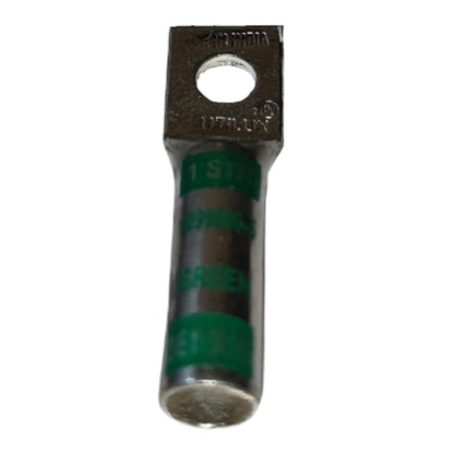 Metal terminal with green insulation on a white background