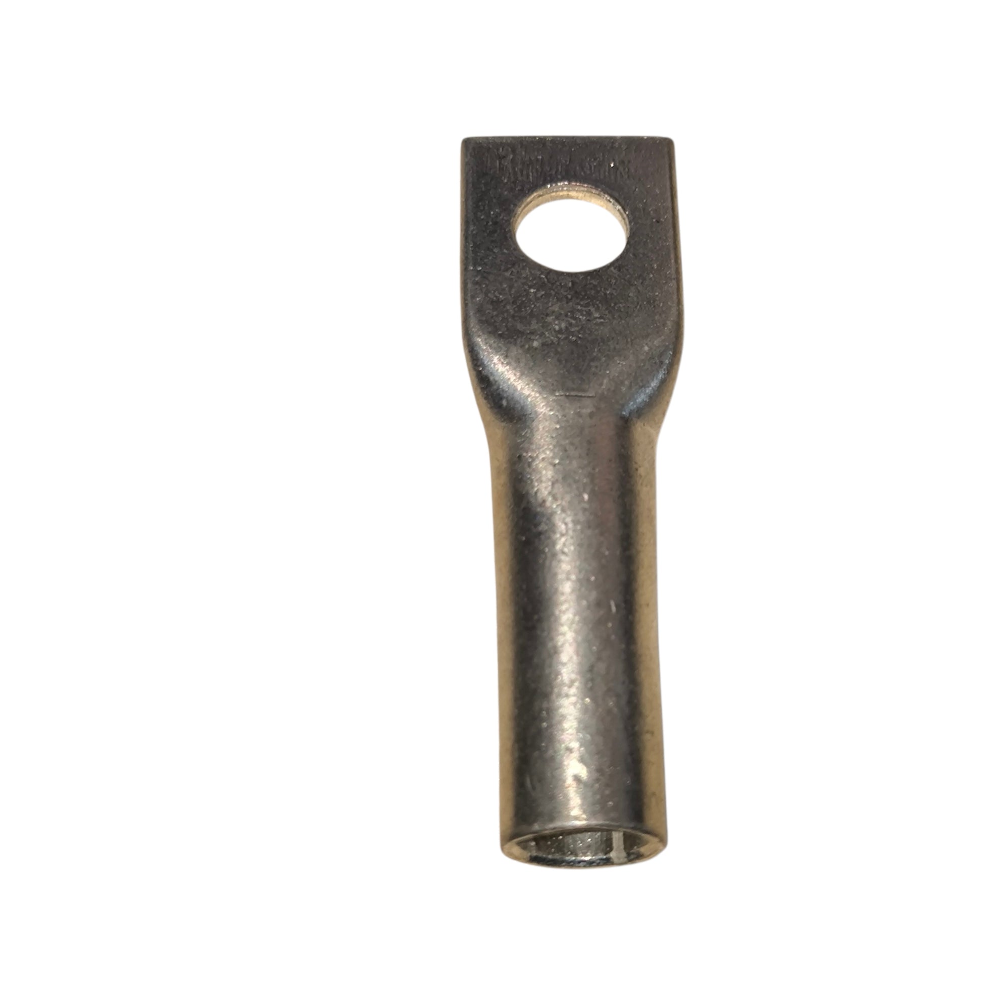 Metal terminal with a hole on a white background