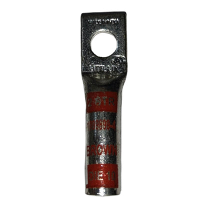 Metal electrical connector with branding on a white background