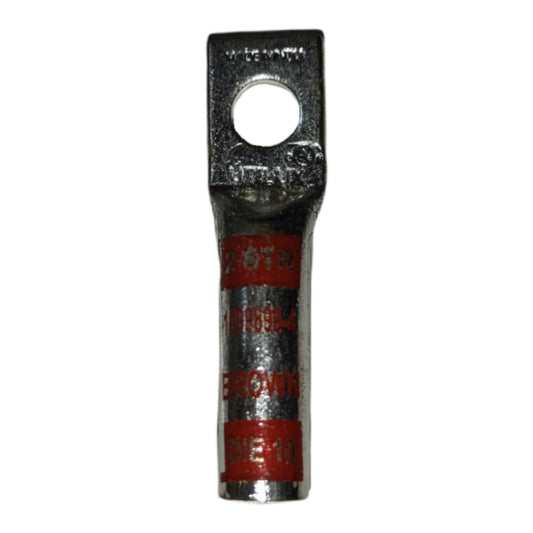 Metal electrical connector with branding on a white background