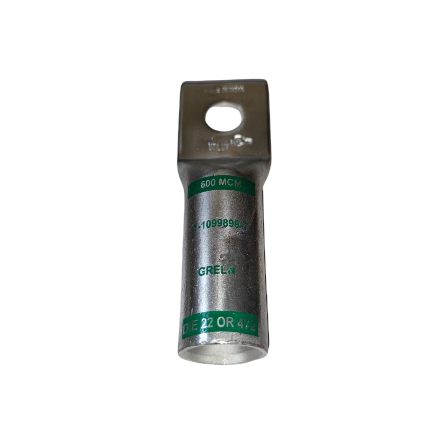 Metal electrical connector with green labels on a white background