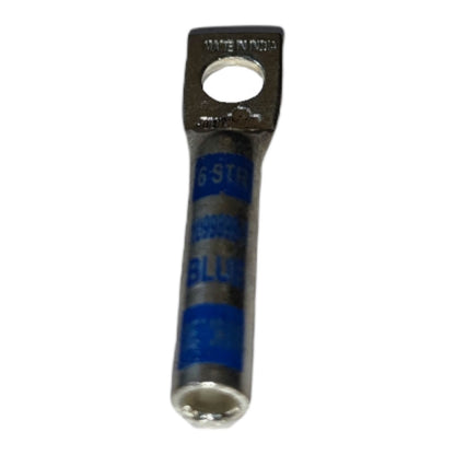 Metal terminal with blue markings on a white background