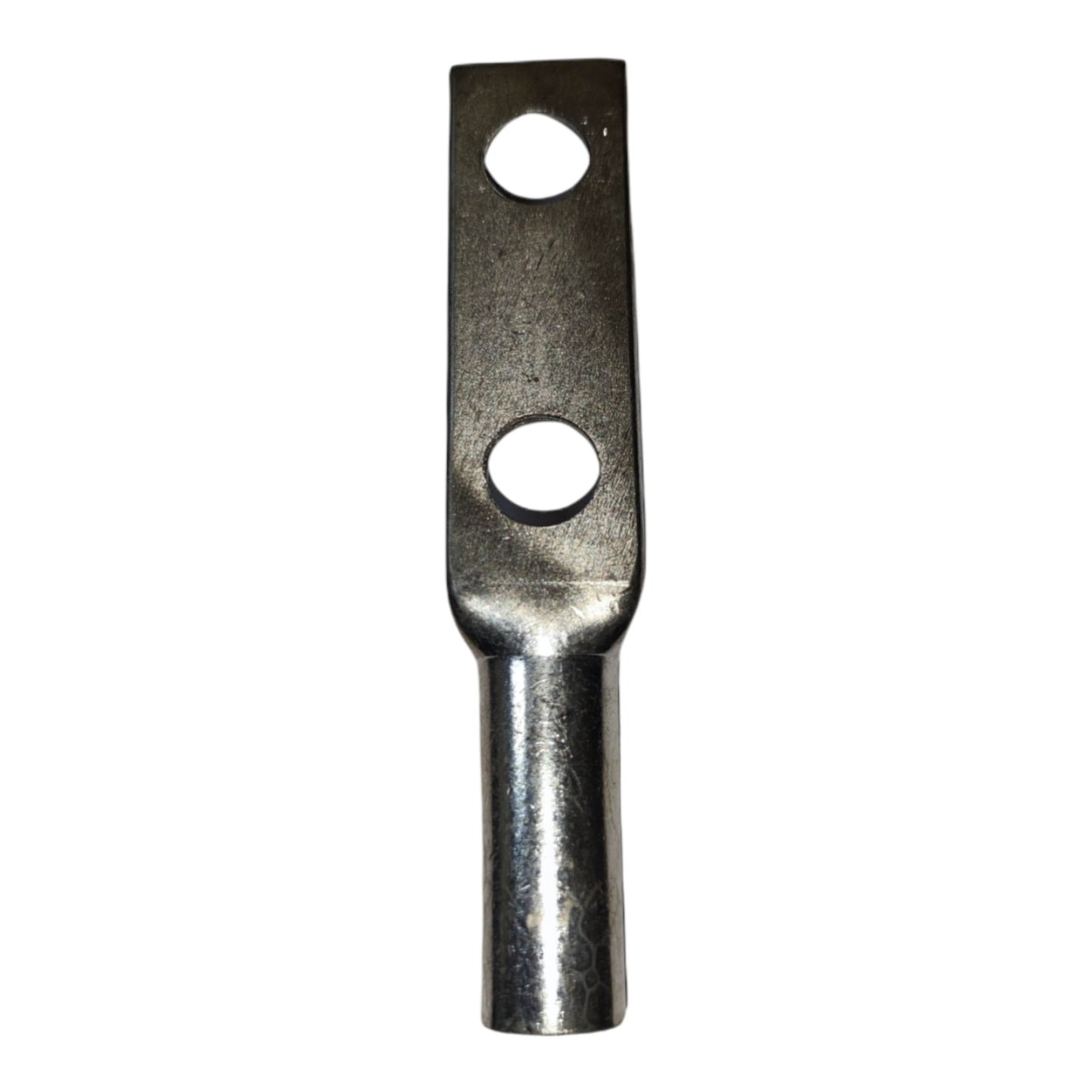Metal terminal with two holes on a white background
