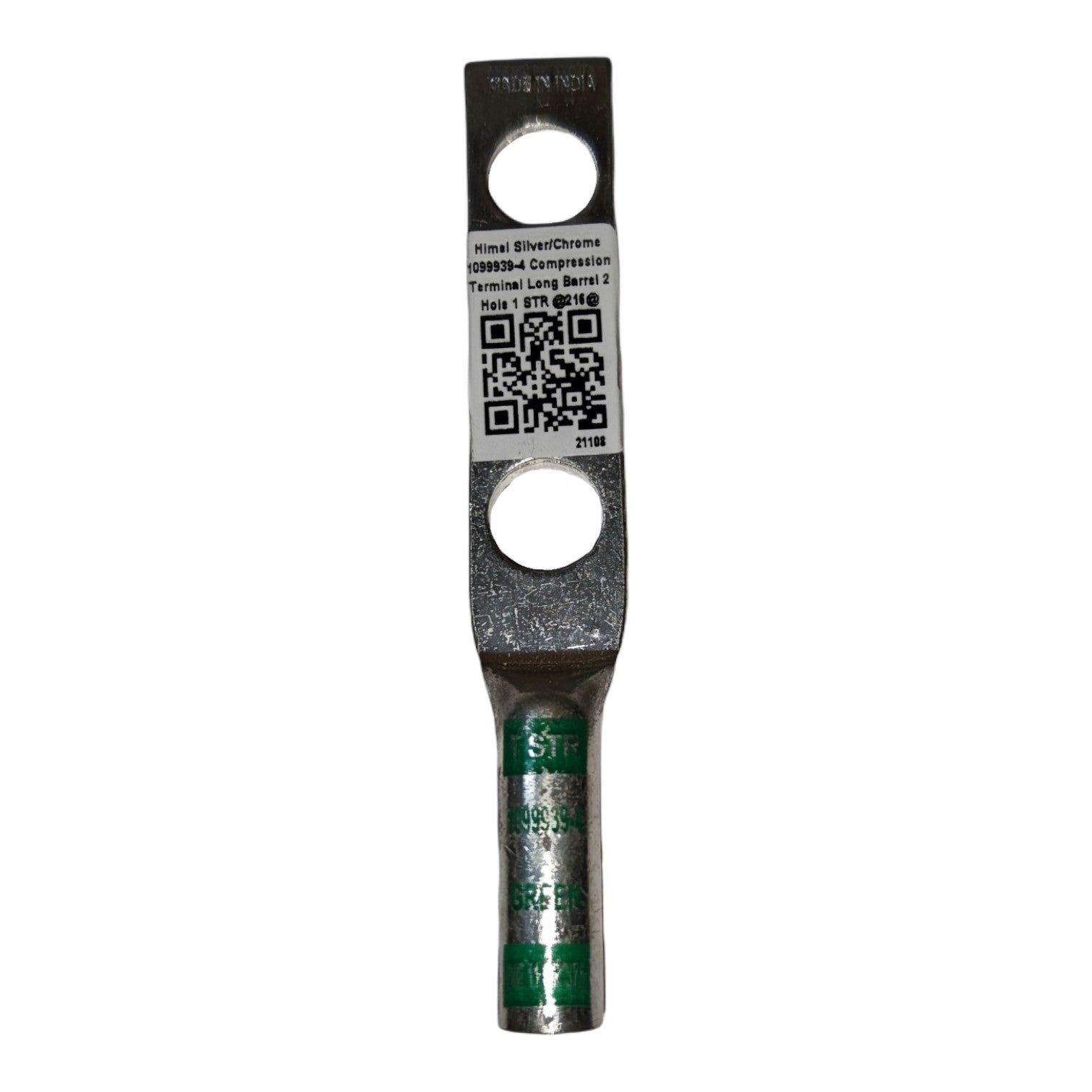 Metal terminal bar with a label on a white background