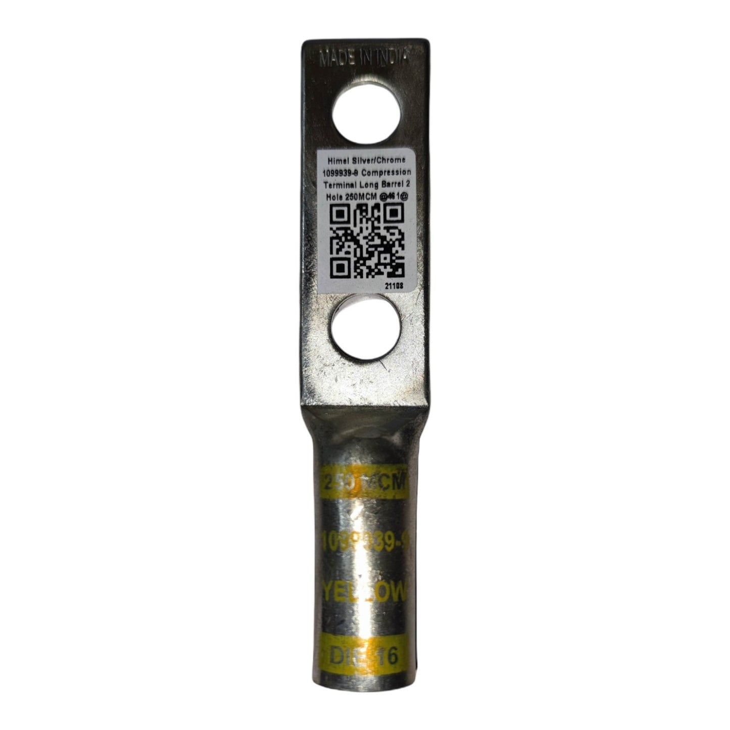 Metal terminal with a QR code label on a white background