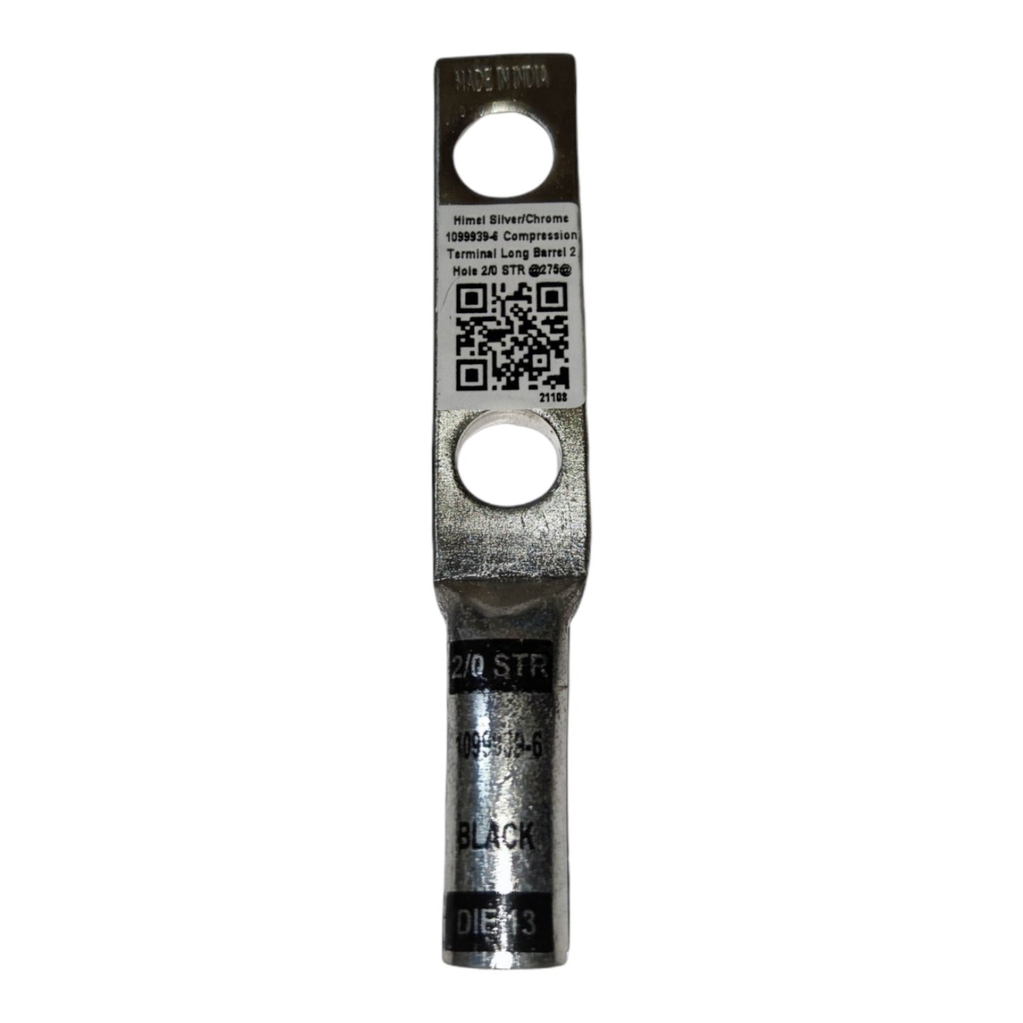 Metal terminal with branding and specifications on a white background
