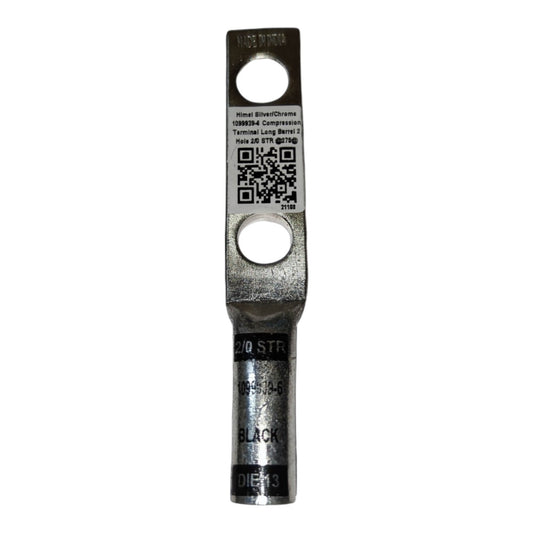 Metal terminal with branding and specifications on a white background