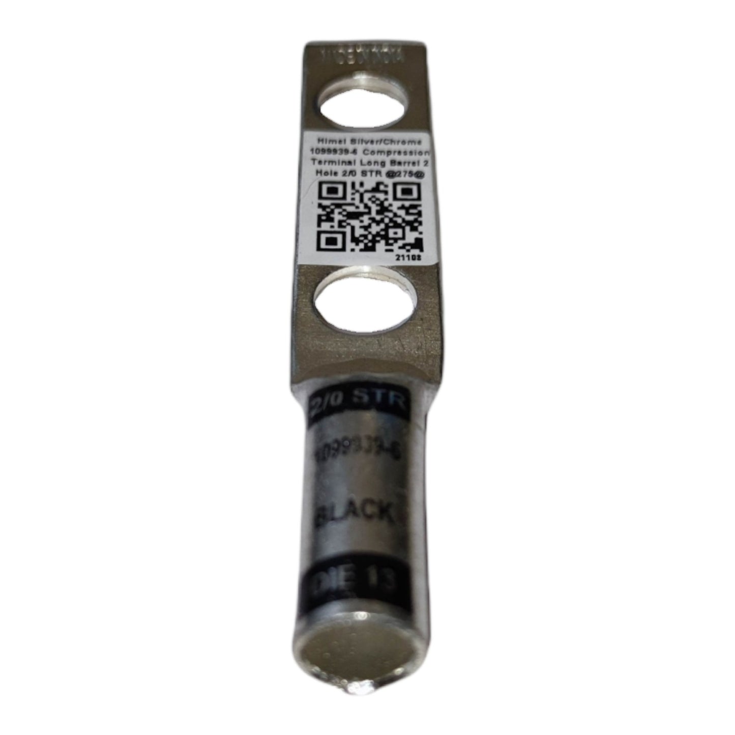Metallic terminal with label and QR code on a white background
