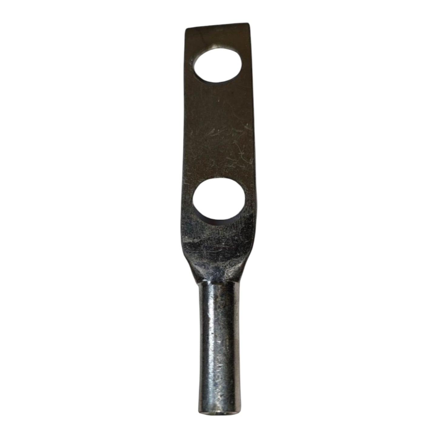 Metal terminal with two holes on a white background