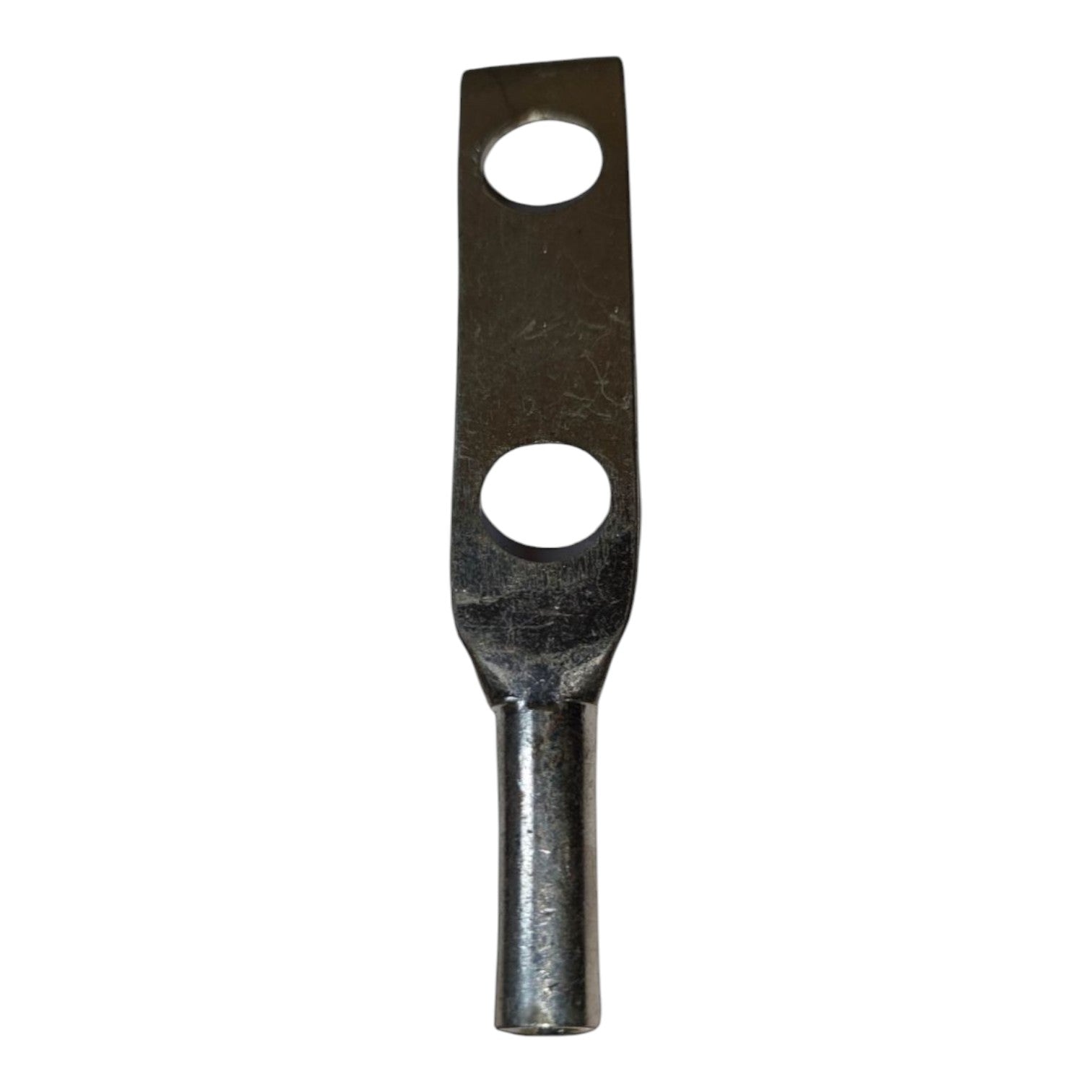 Metal terminal with two holes on a white background