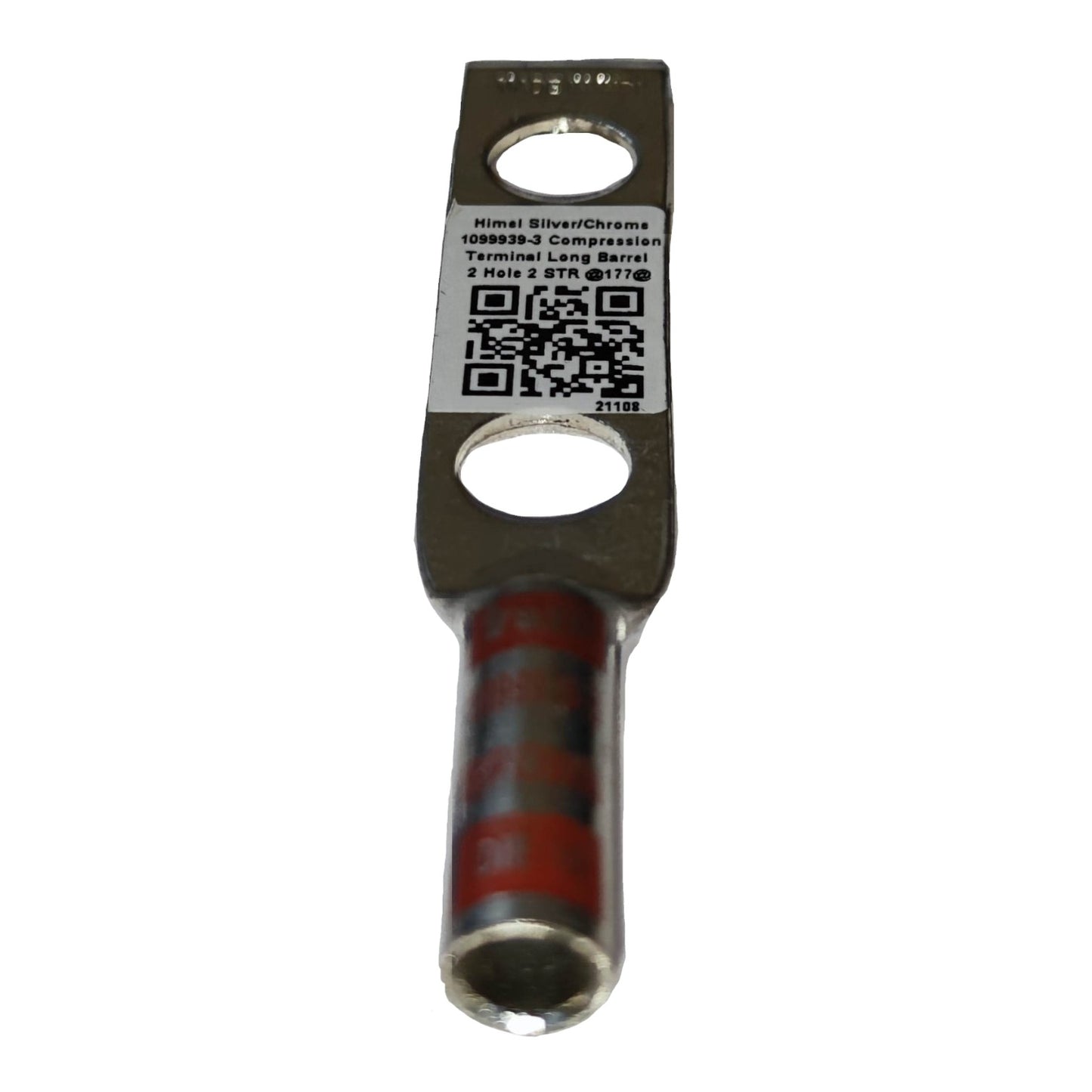 Metal terminal with label and QR code on a white background