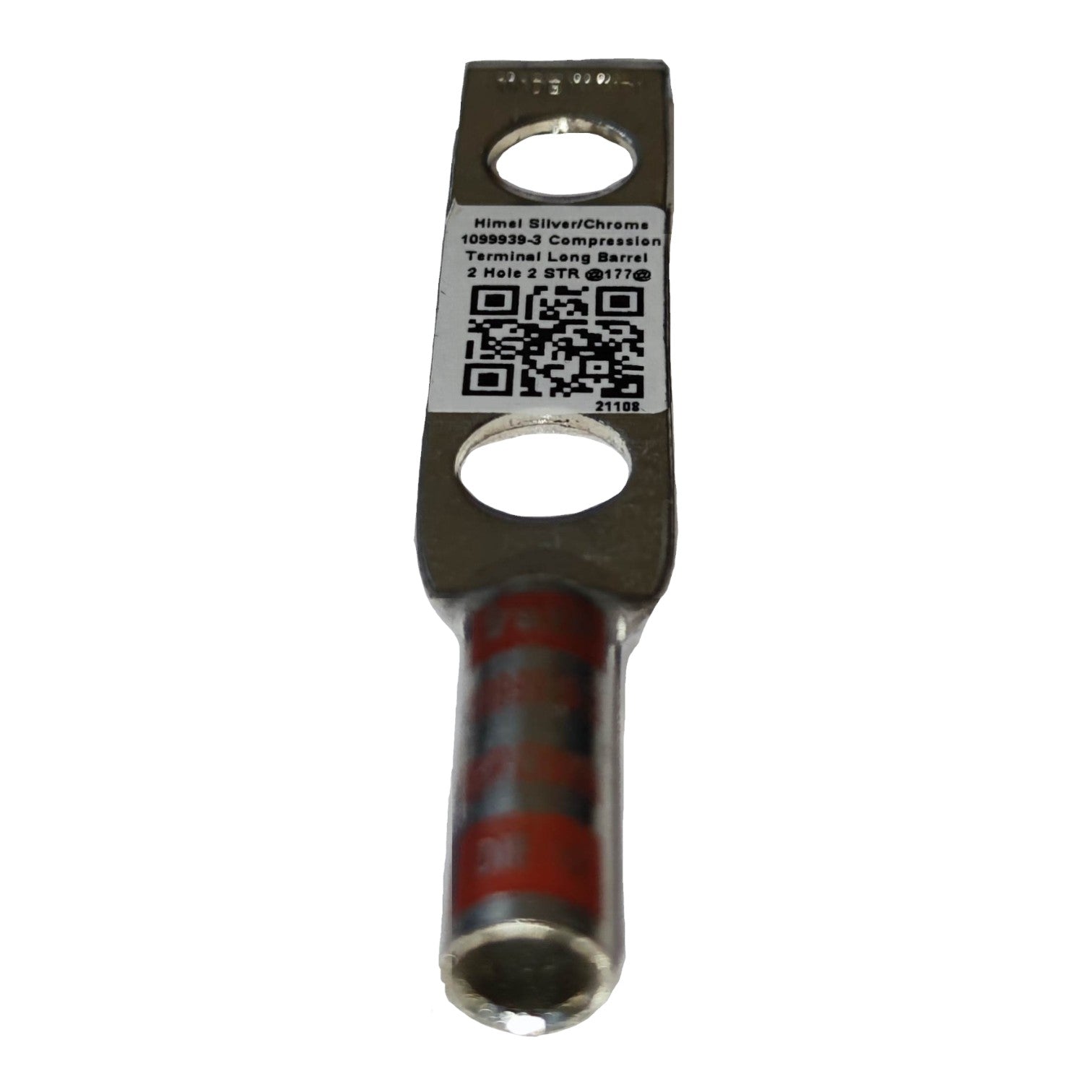 Metal terminal with label and QR code on a white background