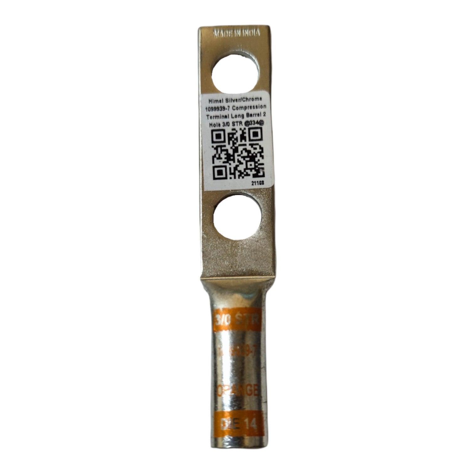 Metal terminal with a label and QR code on a white background