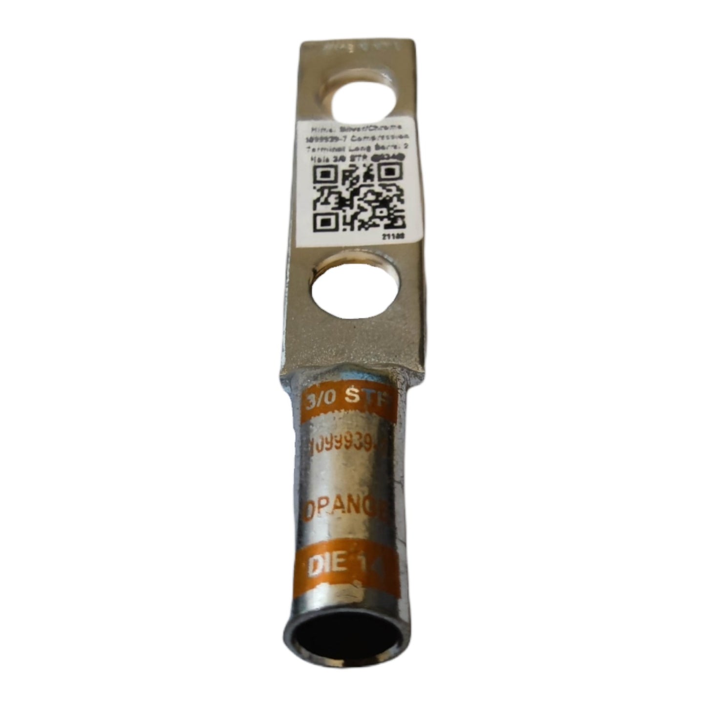 Metal electrical connector with a QR code label on a white background
