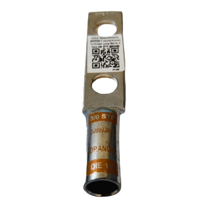 Metal electrical connector with a QR code label on a white background