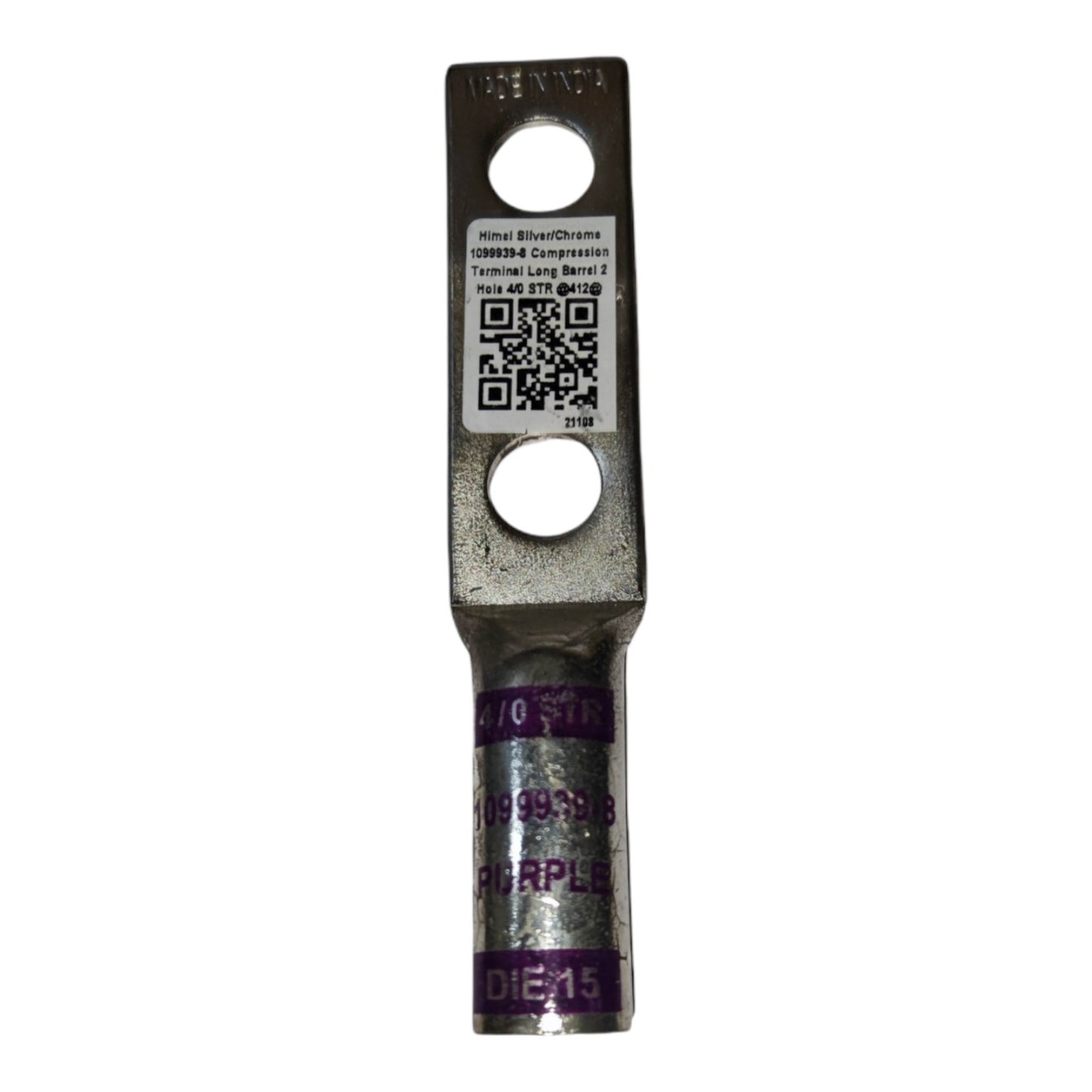 Metal terminal with purple label and QR code on a white background