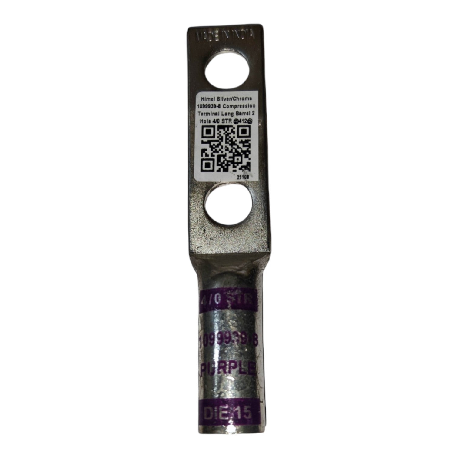 Metal terminal with purple label and QR code on a white background