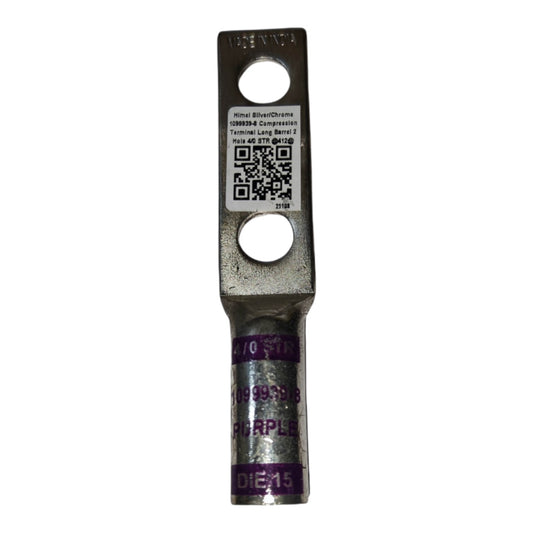 Metal terminal with purple label and QR code on a white background