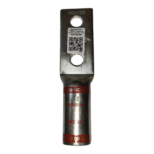 Metal terminal block with branding and QR code on a white background