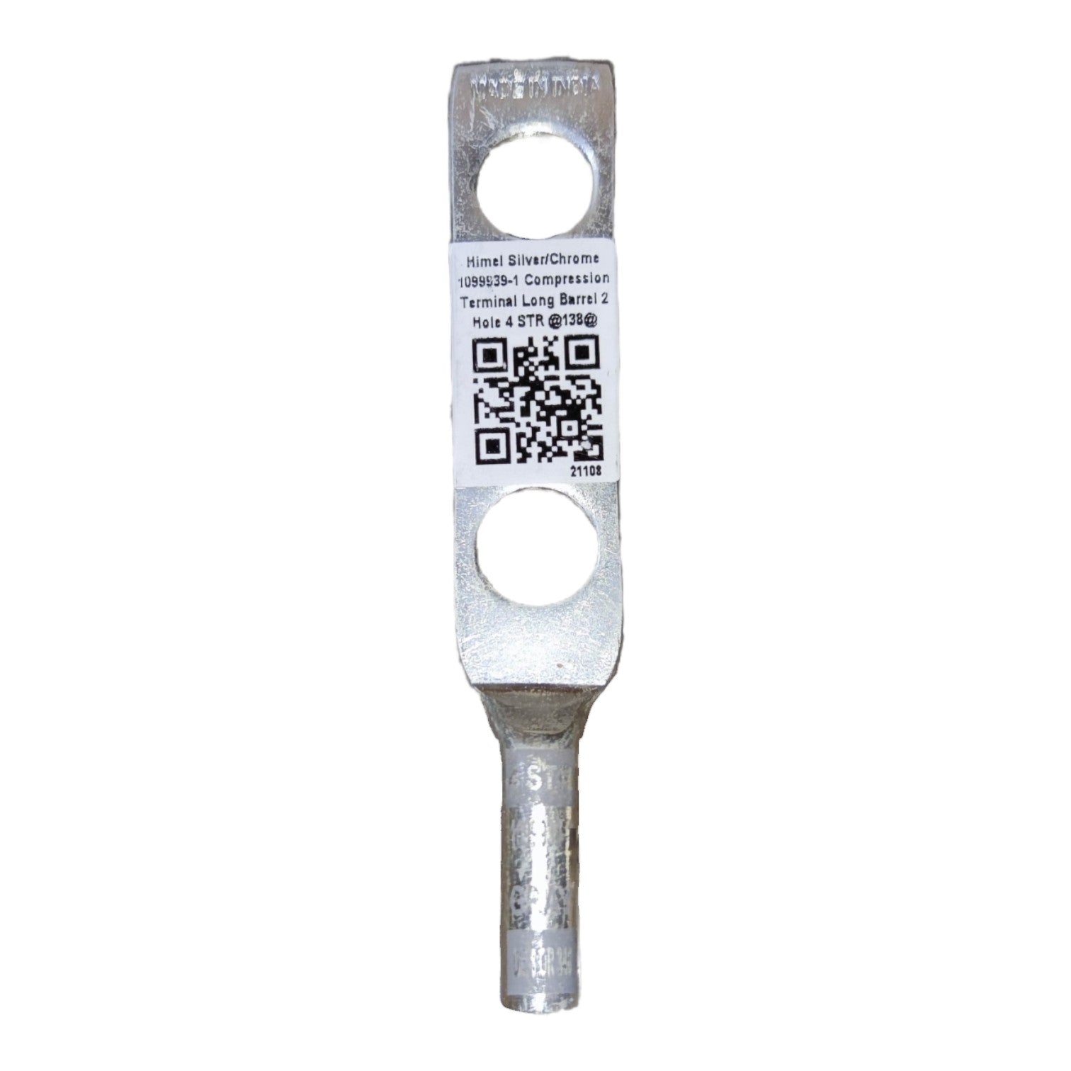 Metal terminal with a QR code label on a white background