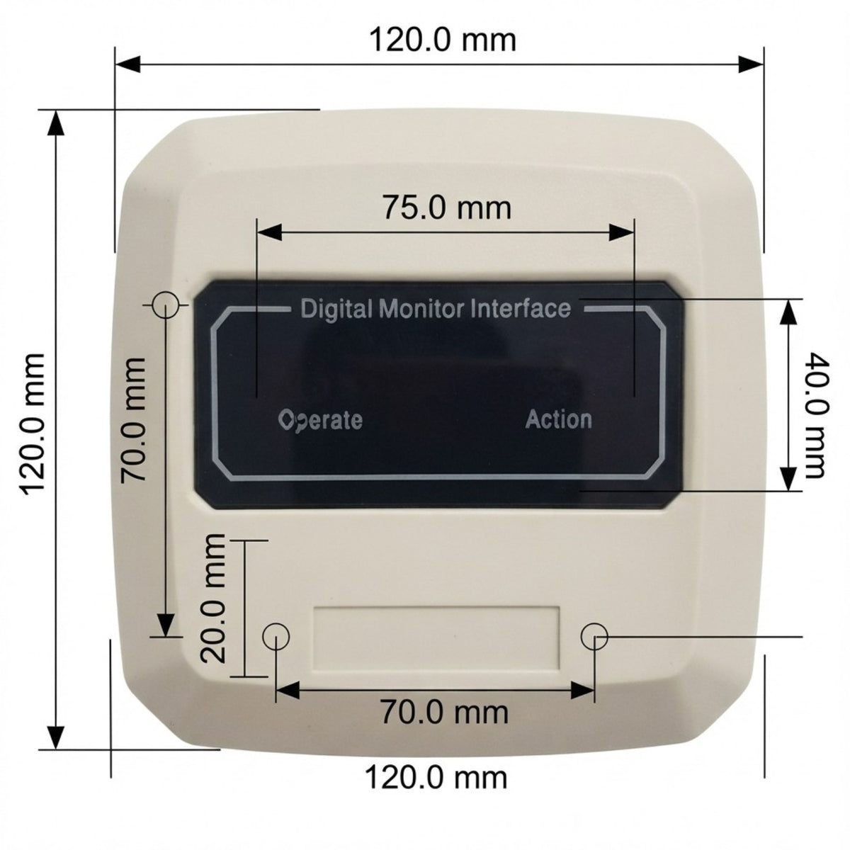 Technical dimension diagram of a digital control panel or monitor interface, showing front and side measurements in millimeters with labels for width, height, and screen area.