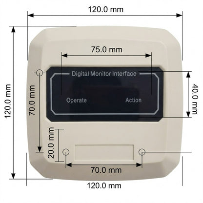 Technical dimension diagram of a digital control panel or monitor interface, showing front and side measurements in millimeters with labels for width, height, and screen area.