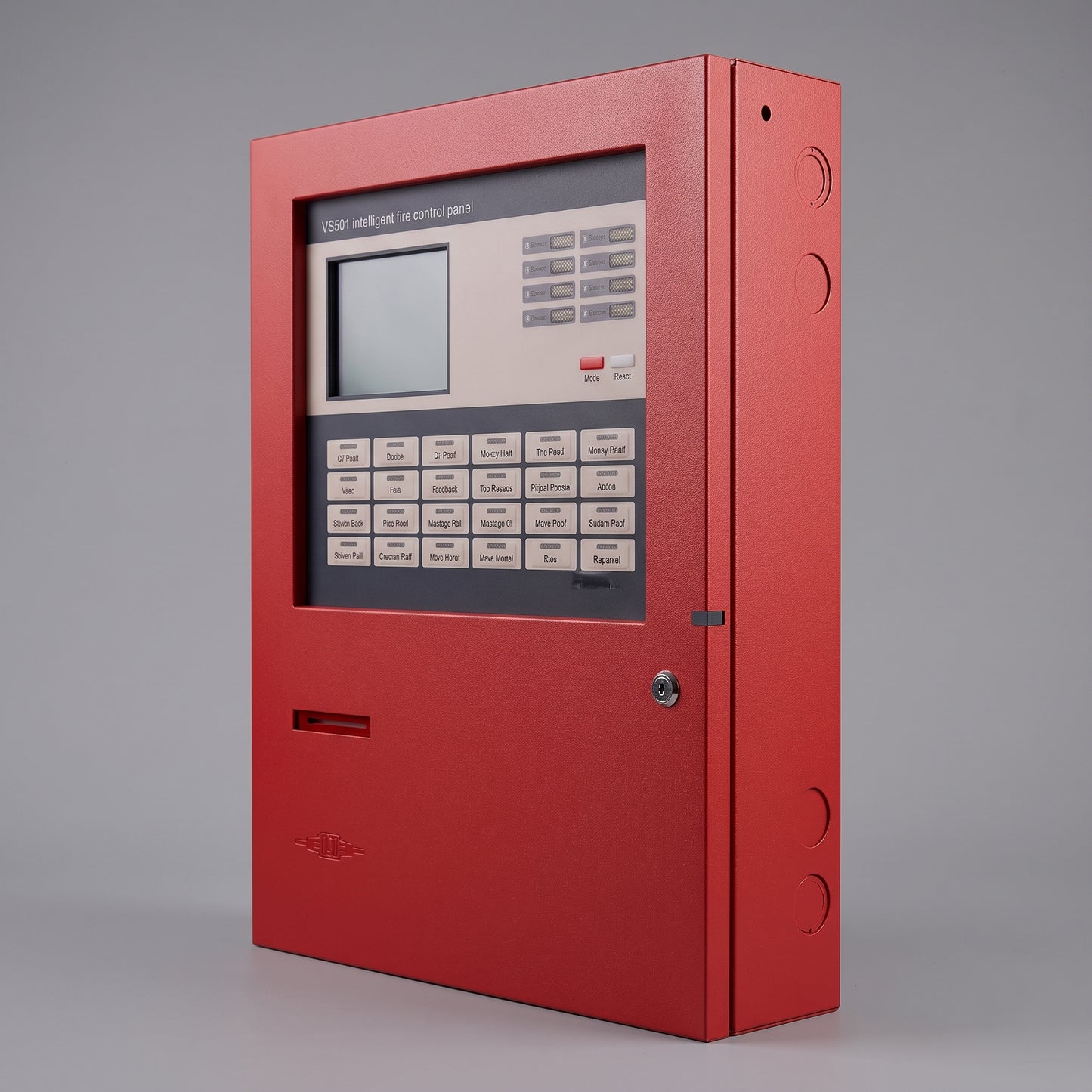 A red fire alarm control panel cabinet with a front display screen, keypad, and labeled buttons, photographed on a clean light gray studio background.
