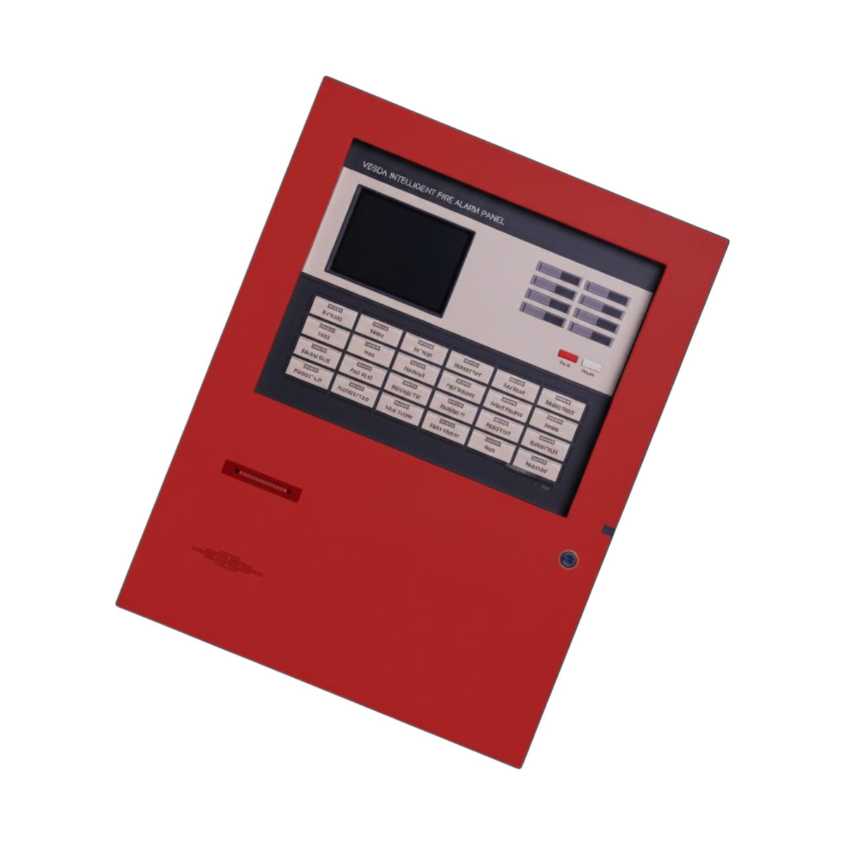 A red fire alarm control panel with a digital display screen and a keypad, shown at an angle on a plain white background.