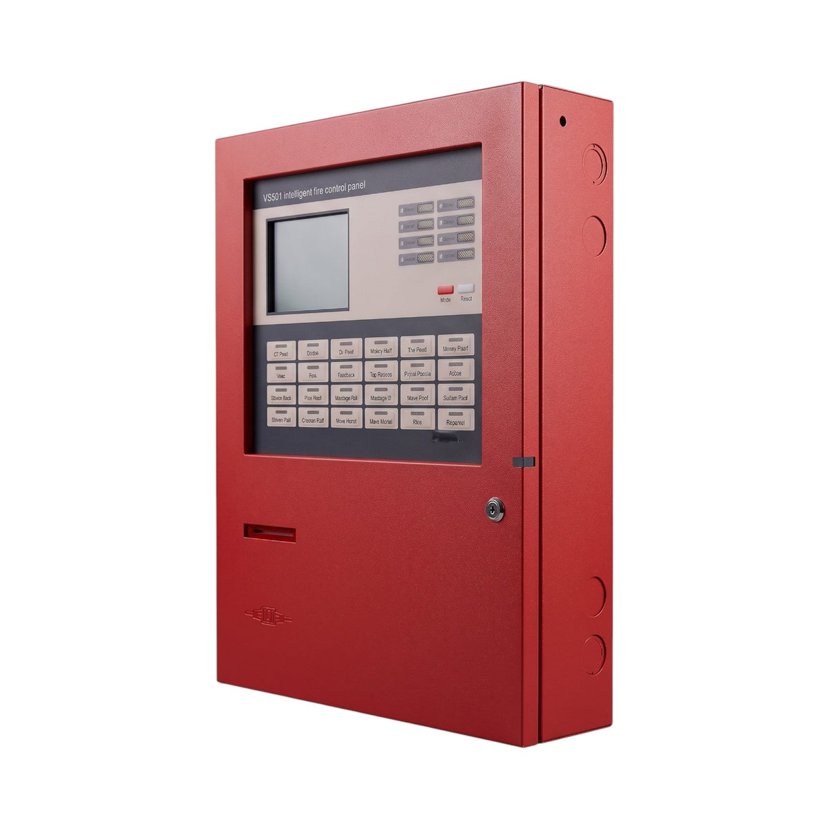 A red fire alarm control panel with a digital screen, keypad, and labels, shown on a plain white background.