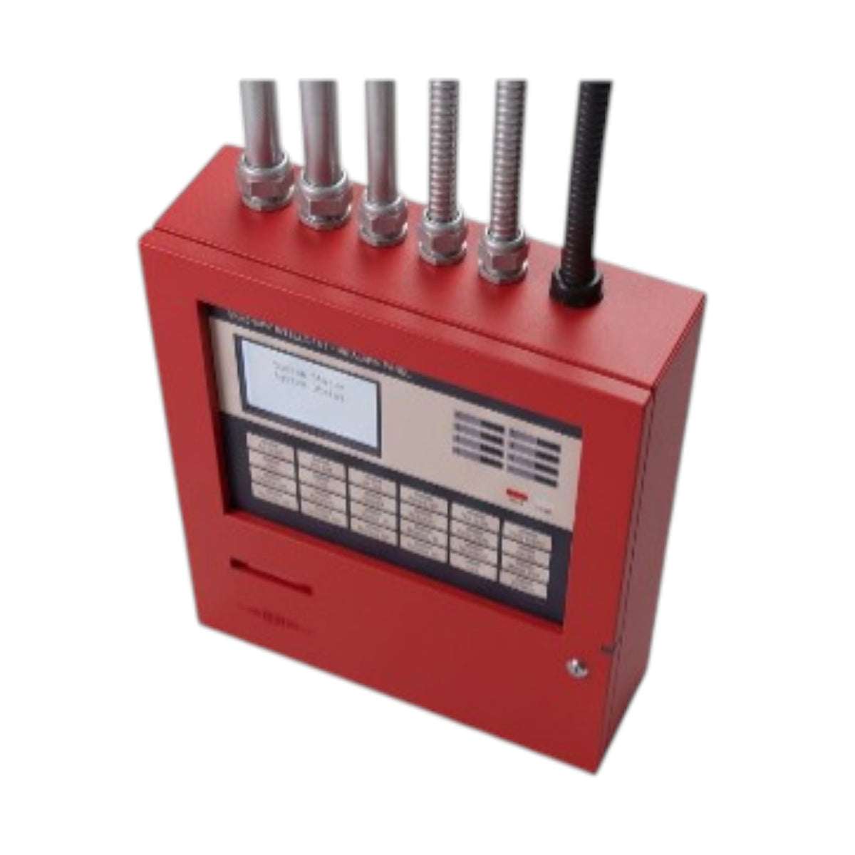 A red industrial control panel or alarm system box with a front display screen, keypad, and multiple metal sensor tubes on top, isolated on a white background.