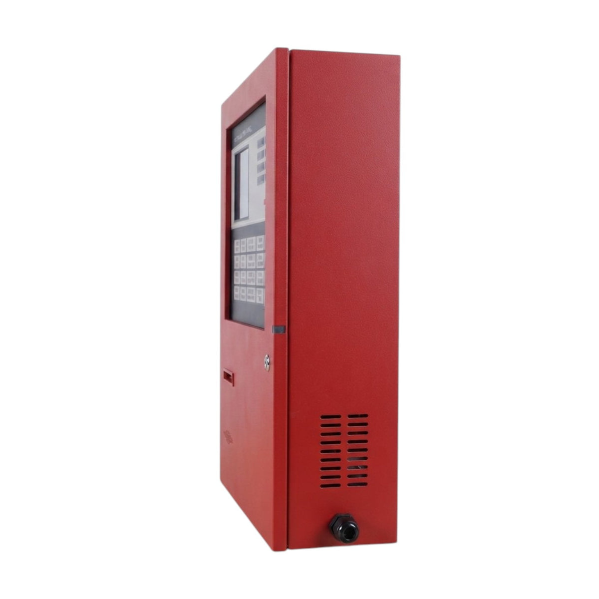A red industrial control panel or safety device cabinet with a front display screen, keypad, ventilation slots, and a small black outlet at the bottom, shown against a plain white background.