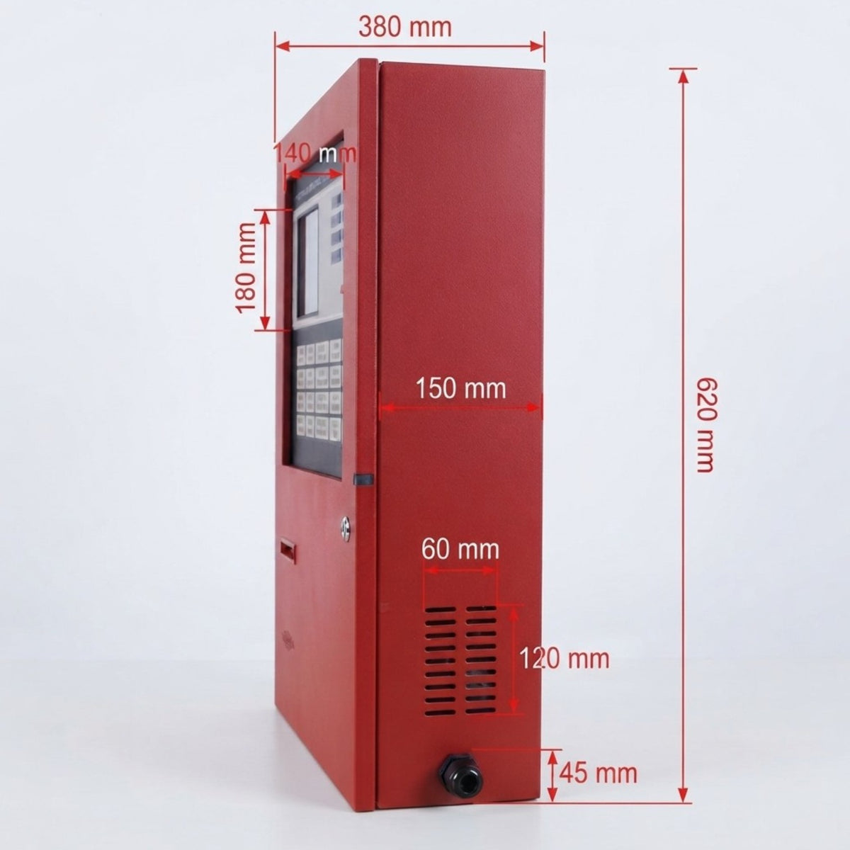 A red industrial control panel or electronic device shown in side profile with red dimension callouts and arrows indicating measurements such as 380 mm, 620 mm, 150 mm, 120 mm, 60 mm, 45 mm, 180 mm, and 40 mm on a light gray background.