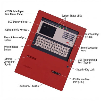 A red fire alarm panel with labeled callouts pointing to features such as the LCD display screen, alphanumeric keypad, function keys, external device port, printer interface port, and enclosure, on a white background.