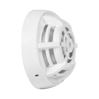 A white plastic smoke detector or fire alarm vent cover, shown from a side angle on a solid white background.