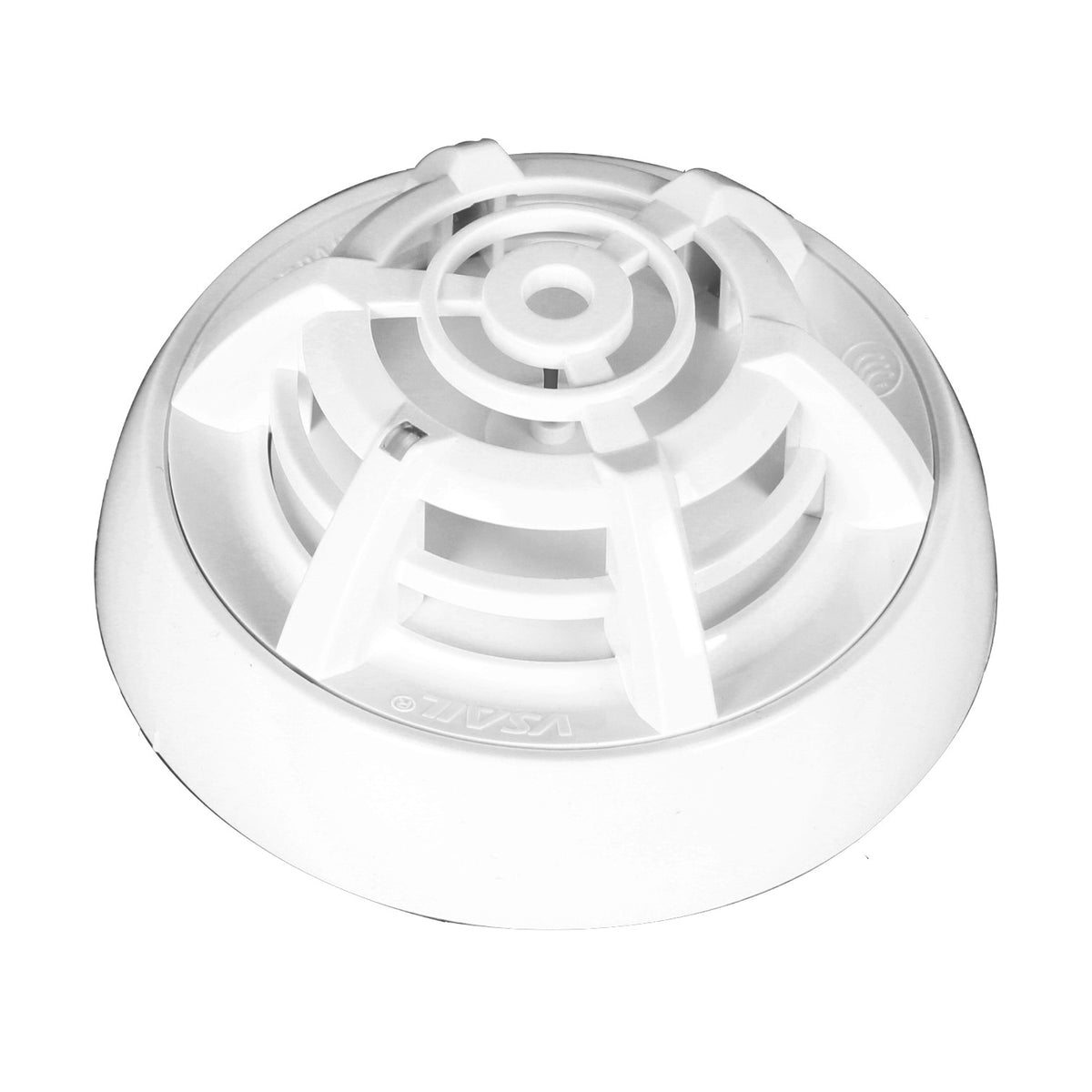 A white plastic smoke detector battery charger or replacement battery unit, photographed from a top-down angle on a clean white background.