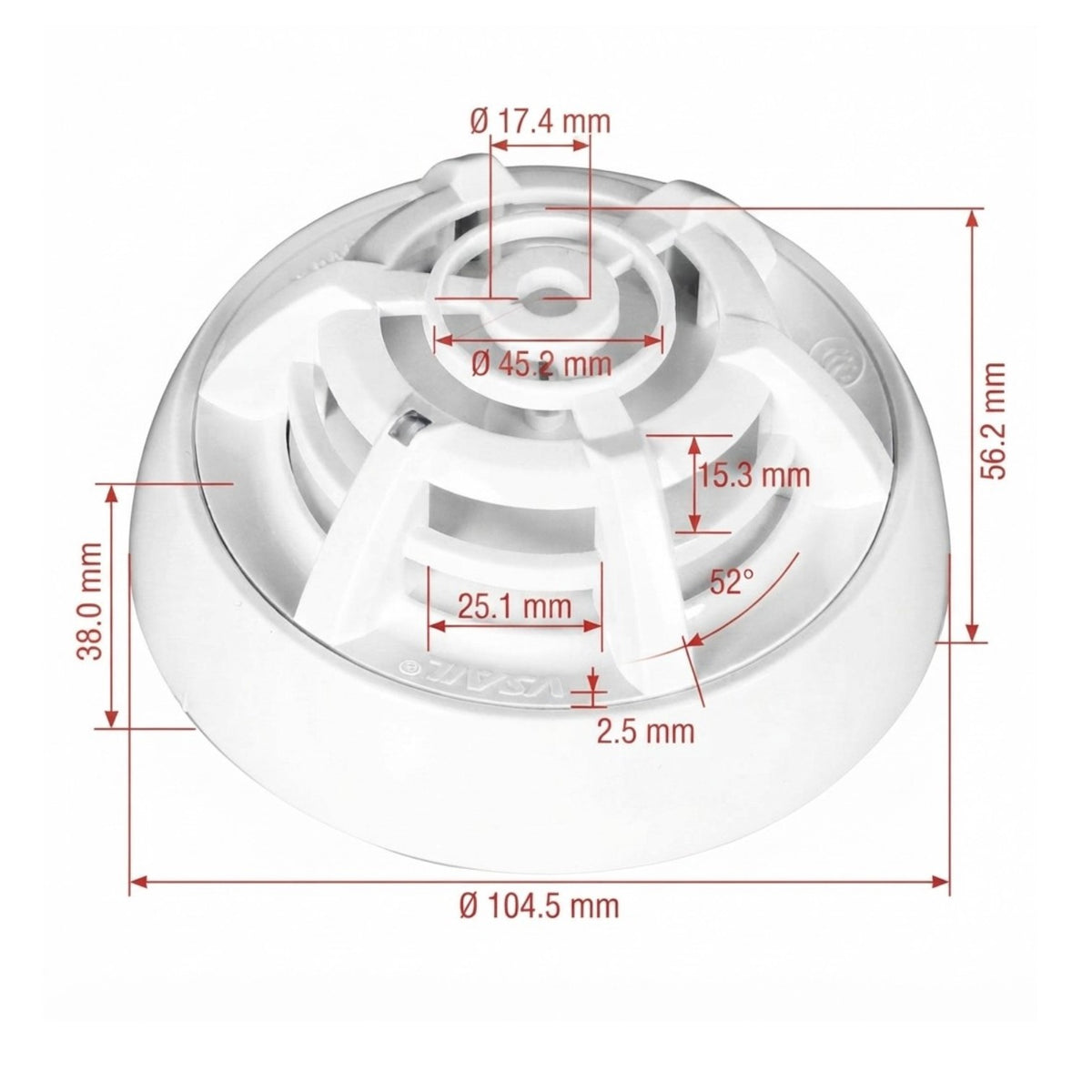 A white circular plastic component with red dimension lines and measurements, shown on a plain white background.