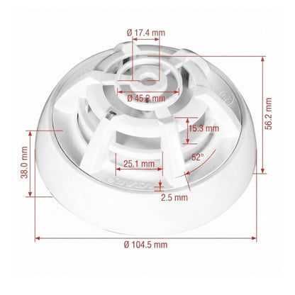 A white circular plastic component with red dimension lines and measurements, shown on a plain white background.