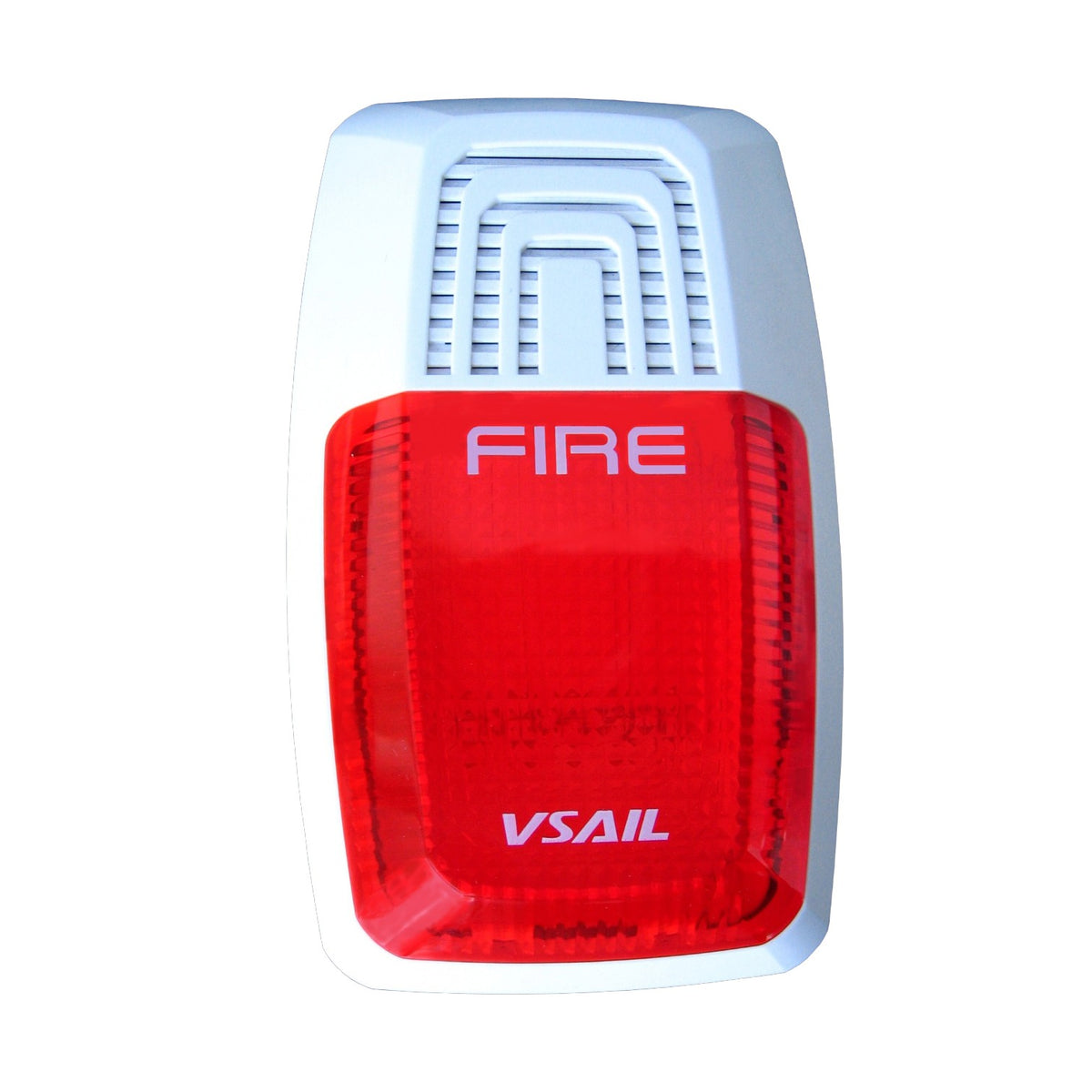 A marine safety device featuring a red translucent lens with the word 'FIRE' in white, and the brand name 'VSAIL' printed near the bottom, set against a white plastic housing.