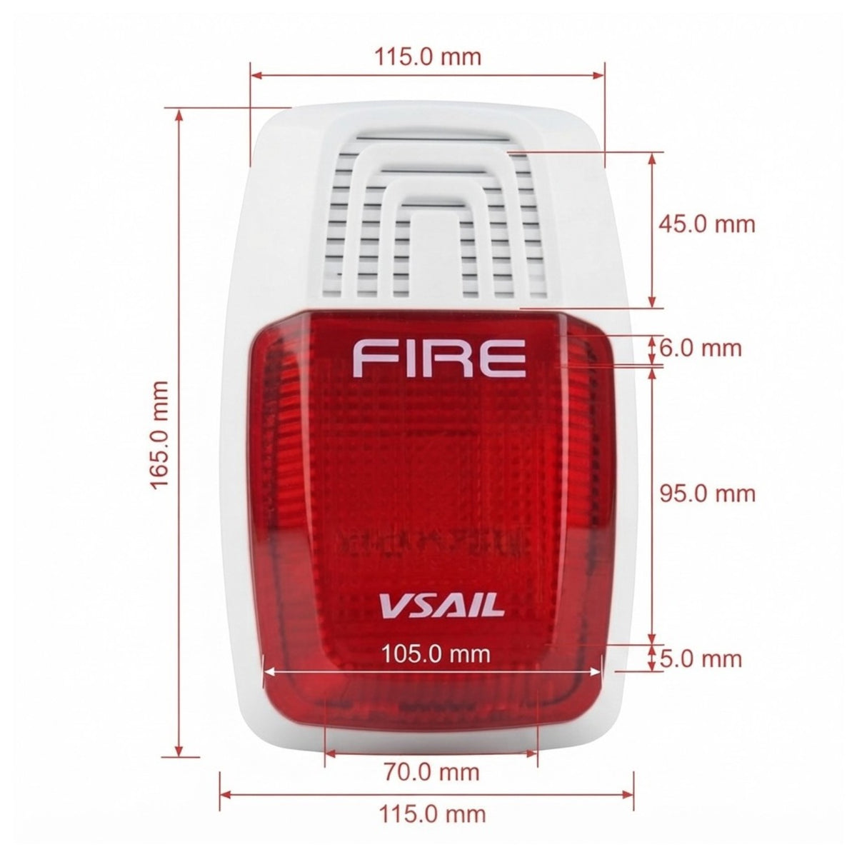 A red and white marine safety light with overlaid dimension lines and measurements, showing the product's height, width, and individual component sizes.