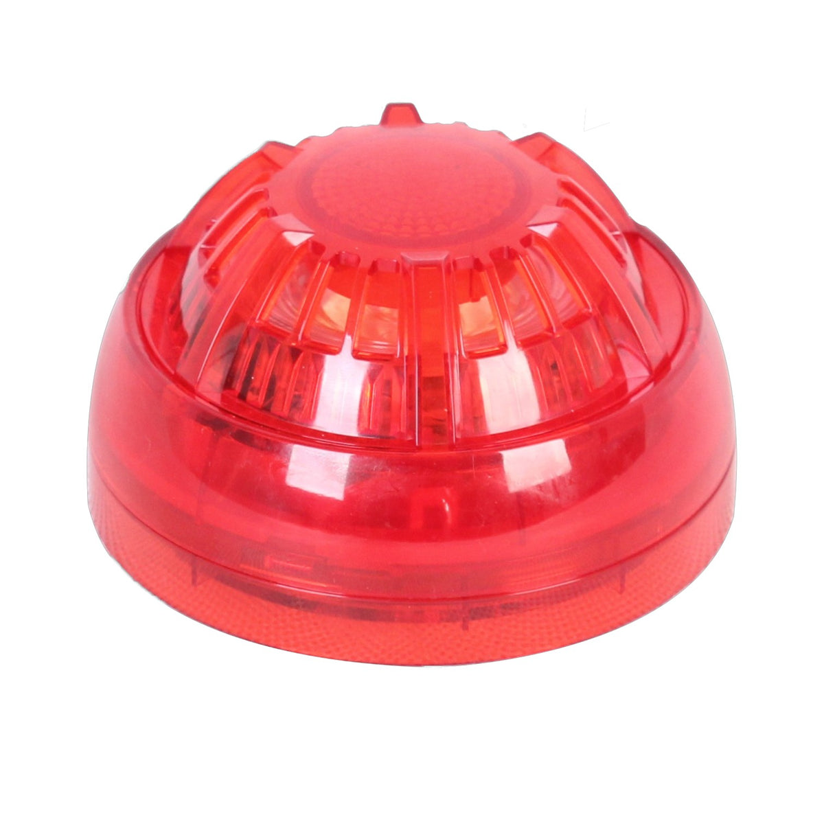A red dome-shaped plastic warning beacon light with a ribbed translucent design, shown on a plain white background.