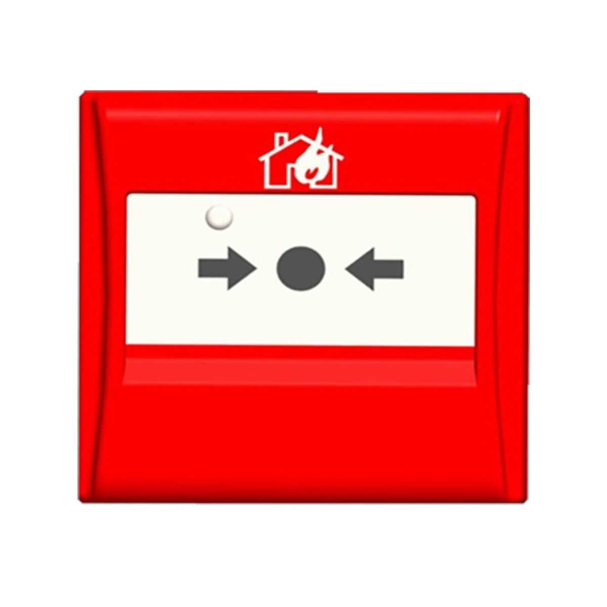 A red fire alarm call point panel with a white center label showing a house icon, a small round sensor, and left and right arrow buttons.