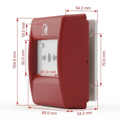 A red fire alarm call point wall switch with dimension annotations showing measurements in millimeters on a white background.