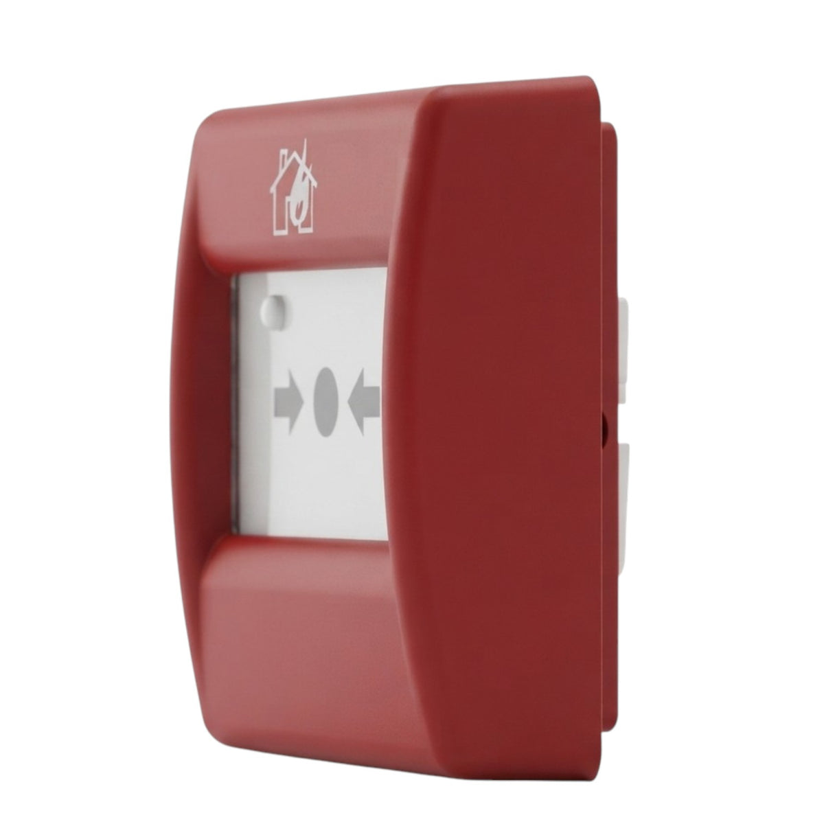 A red fire alarm call point module with a white central panel showing directional arrows and a house icon, isolated on a white background.