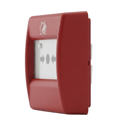 A red fire alarm call point module with a white central panel showing directional arrows and a house icon, isolated on a white background.