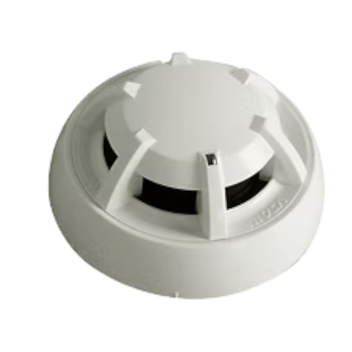 A white round smoke detector with a vented top and a black internal sensing chamber, isolated on a white background.