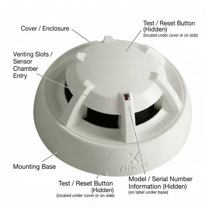 White VSMOKE dome-style smoke detector with labeled callouts for cover/enclosure, venting slots, mounting base, and test/reset buttons on a light gray background.