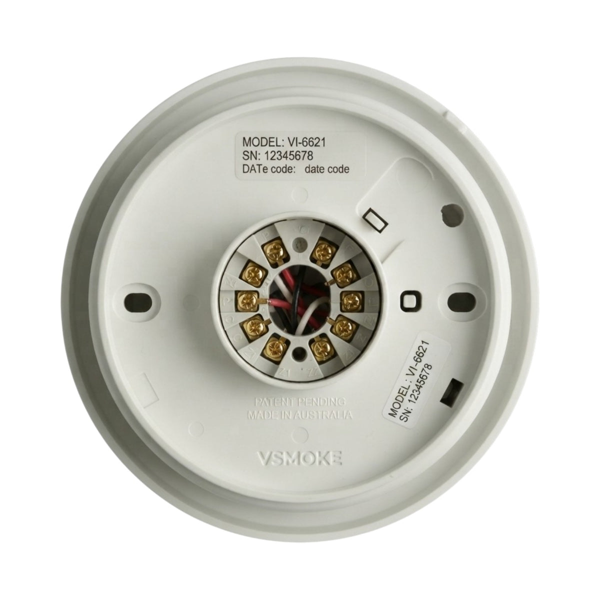Vsmoke V6821 smoke detector backplate showing the internal electrical contacts and wiring details on a white background.