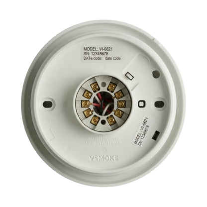 Vsmoke V6821 smoke detector backplate showing the internal electrical contacts and wiring details on a white background.